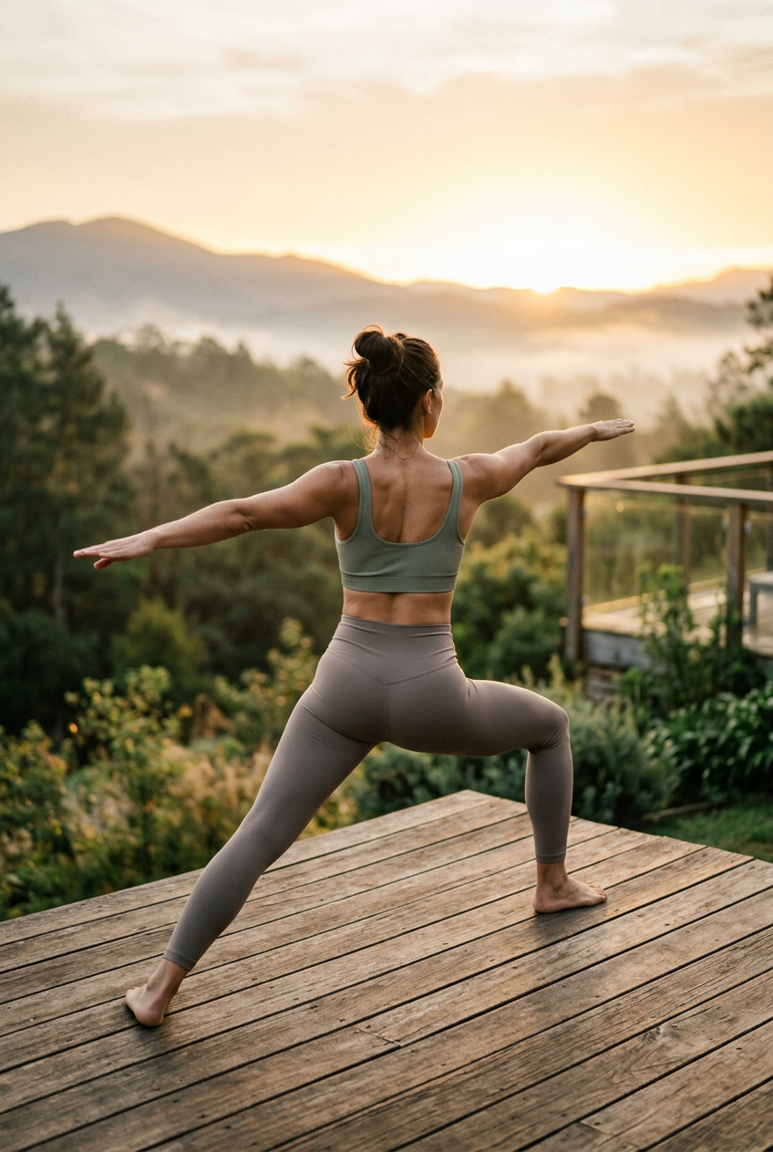 Vrouw in yoga warrior pose bij zonsopgang — vitaliteit en innerlijke glow